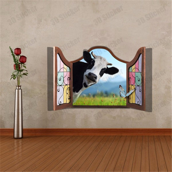 3D Dairy Cow Artificial Window View Cattle 3D Wall Decals Stickers Home Room Decor Gift