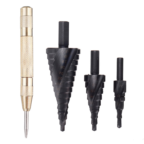 Drillpro 3Pcs 4-32/20/12mm Nitrided Black Spiral Grooved Step Drill Bit with Automatic Center Pin Punch