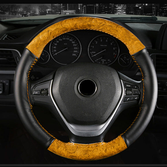 38cm Universal Car Steering Wheel Cover Wooden Leather Braid With Needles Thread