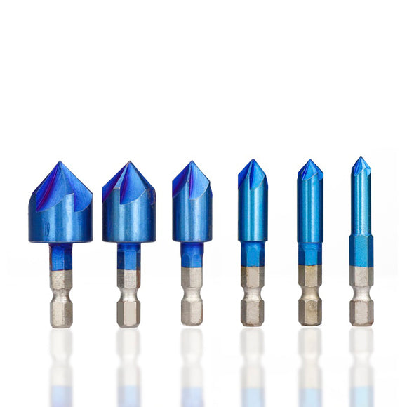 Drillpro 6pcs 6-19mm Countersink Drill Bit 5 Flutes Hex Shank Nano Blue Coated Chamfer Cutter Set