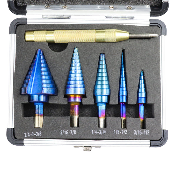 Drillpro 6Pcs HSS Nano Blue Coated Step Drill Bit With Center Punch Set Hole Cutter Drilling Tool