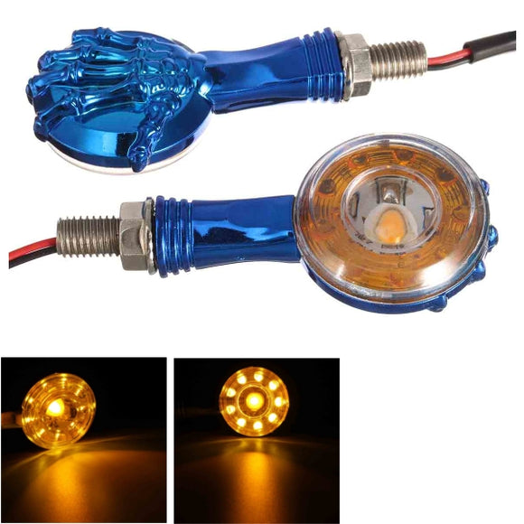 Pair Motorcycle LED Turn Signal Indicator Lights Amber 3D Skull Skeleton Lamps For Harley Custom