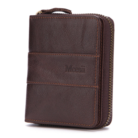 Vintage Cow Leather Wallet 11 Card Slots Zip Around Money Card Holder for Men