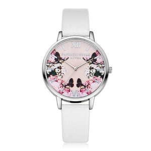 LVPAI LP058 Flower Butterfly Ladies Watch Silver Case Leather Strap Quartz Watch