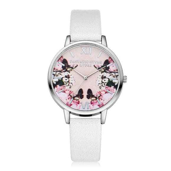 LVPAI LP058 Flower Butterfly Ladies Watch Silver Case Leather Strap Quartz Watch