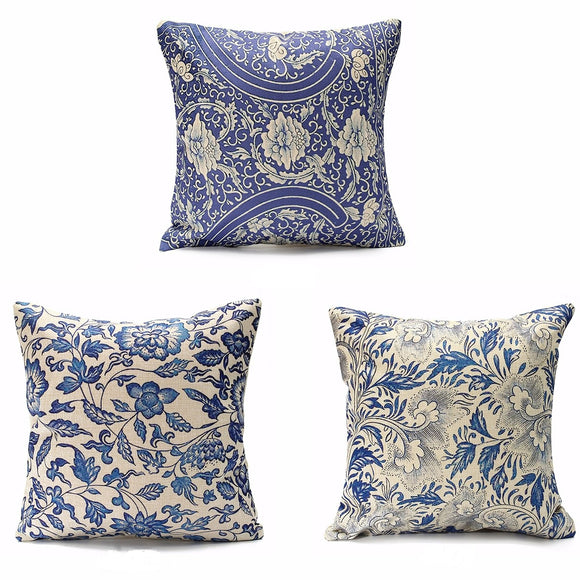 45x45cm Vintage Oriental Retro Blue Floral Linen Pillow Case Cushion Cover Home Decor