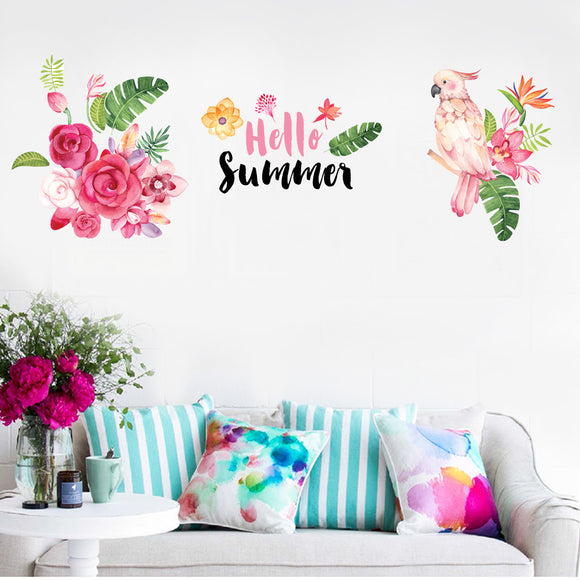 Miico Creative Colorful Summer Parrot Flowers PVC Removable Home Room Decorative Decor Sticker