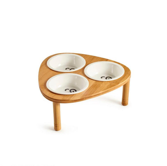 Ceramic Pet Bowl with Sturdy Bamboo Stand for Food and Water Bowls Pet Feeders Triple Bowls