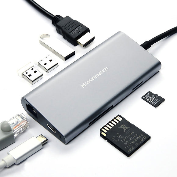 Maibenben 8-in-1  Type-C to 3-Port USB 3.0 PD Charge 100Mbps RJ45 4K Display SD TF Card Reader Hub