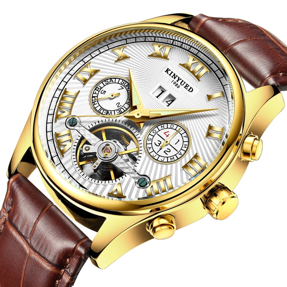 KINYUED J011 Calendar Automatic Mechanical Watch Fashionable Leather Strap Men Wrist Watch