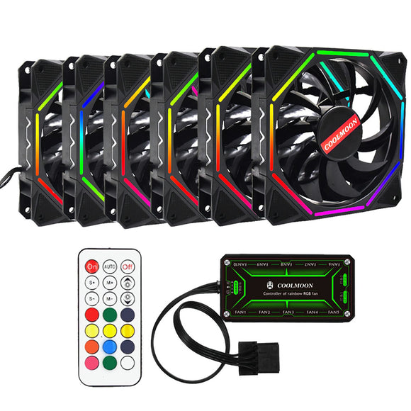 Coolmoon 6PCS 12cm Adjustable RGB Cooling Fan with IR Controller for Desktop PC