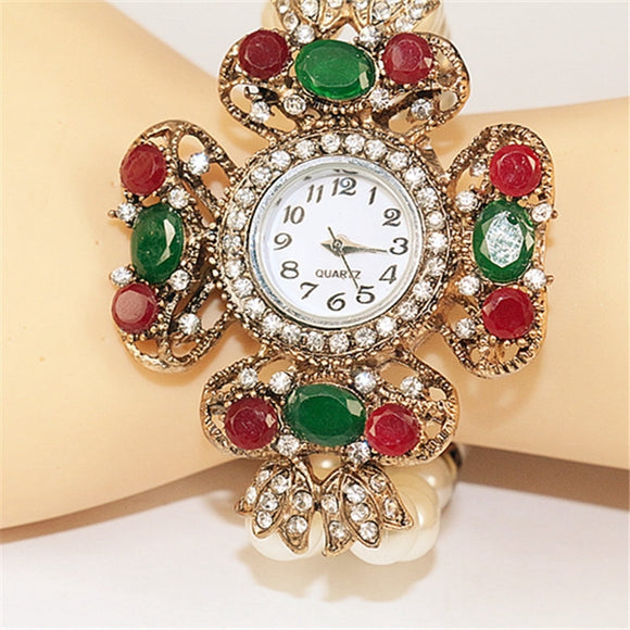 Exaggerated Fashion Rhinestones Case Pearl Beads Bracelet Ladies Women Analog Quartz Watch