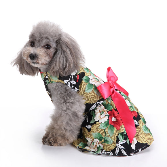 Floral Dog Harness Dress Pet Clothes D-ring Vest Shirts Sundress Black