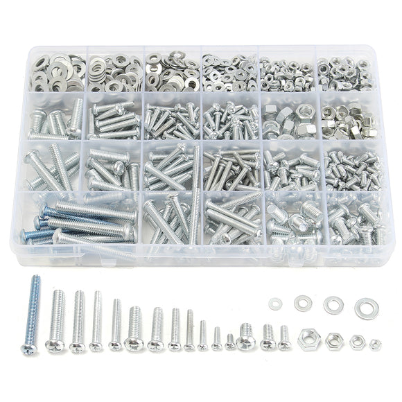 M3 M4 M5 M6 Stainless Steel Phillips Round Head Screws Nuts Flat Washers Assortment Kit 900g