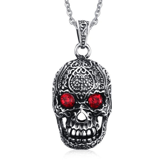 Fashion Men's Jewelry Titanium Steel Chain Red Eye Skull Pendant Necklace for Men