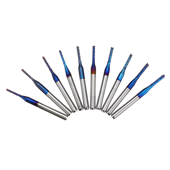 Drillpro 10pcs 1.1-2.0mm Blue NACO Coated PCB Bits Carbide Engraving Milling Cutter For CNC Tool Rotary Burrs