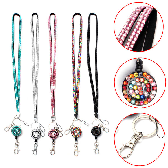 Neck Rhinestone Crystal Lanyard Retractable Strap ID Badge Reel Key Holder For iPhone Sumsang