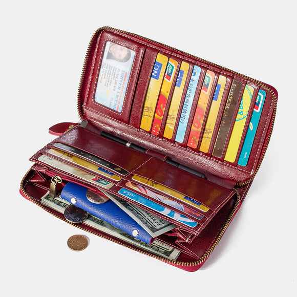 Women Rfid Antimagnetic Genuine Leather Zipper Wallet Multi-layer Card Holder Phone Bag Purse