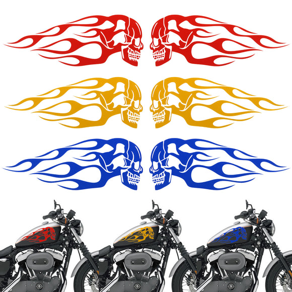2pcs 13.5x5inch Universal Motorcycle Gas Tank Flames Skull Badge Decal Sticker Red/Blue/Yellow