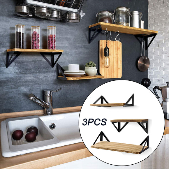 3Pcs Wall Floating Shelves Shelf Rack with 3 Wood Boards Dispaly Home Decor