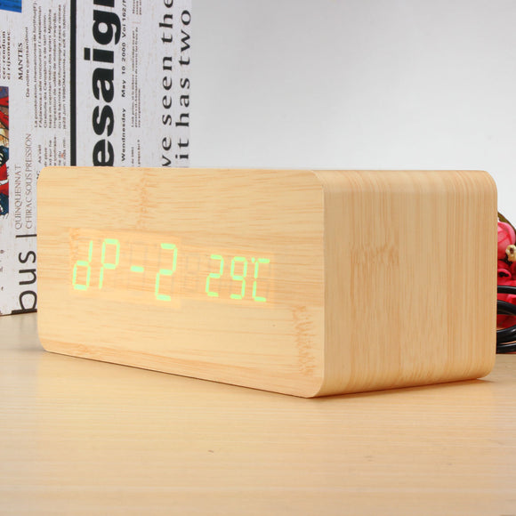 Digital LED Wooden Desk Alarm Clock With Thermometer Voice Control