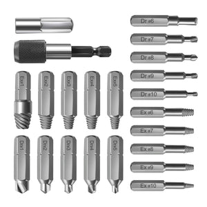 Drillpro 22pcs Damaged Screw Extractor Set with Locking Socket Adapter for Broken Screw HSS Broken Bolt Extractor Screw Remover Kits