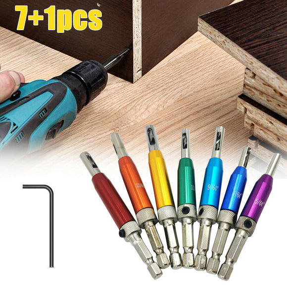 7+1Pcs Door Self-centering Hinge Drill Bit Set Hinge Tapper Screw with Wrench