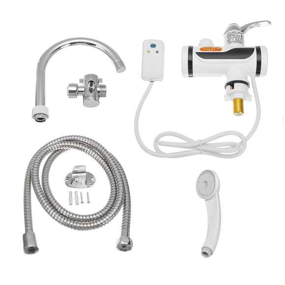 3000W Temperature Display Instant Hot Water Tap Faucet with Three Way Connector and Shower Head