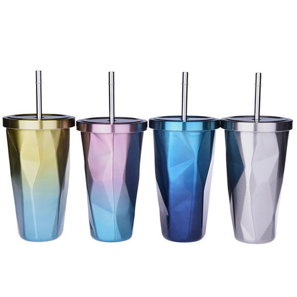 473L Stainless Steel Cups Gradient Color Diamond Double Wall Travel Water Bottles with Straw
