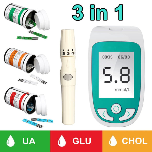 3 in 1 Cholesterol Blood Glucose UA Testing Meter Kit Test Strips Sterile Lancet