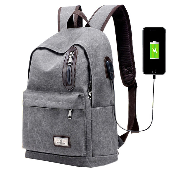 Men Fashion Backpack Canvas Casual Light Weight Mochila with External USB Charging Port