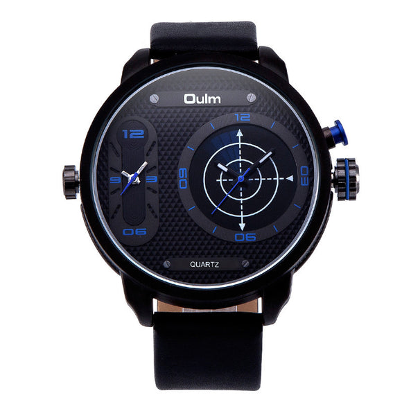 OULM 3221-B Water Resistant Genuine Leather Strap 2 Time Zone Men Military Quartz Watch