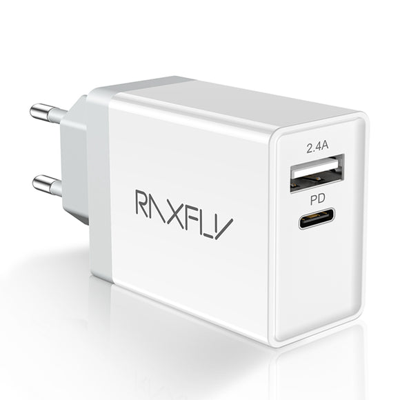 RAXFLY 18W Type C PD Dual Ports Fast USB Charger EU Plug For iPhone XS Max Oneplus 6 Xiaomi Mi8