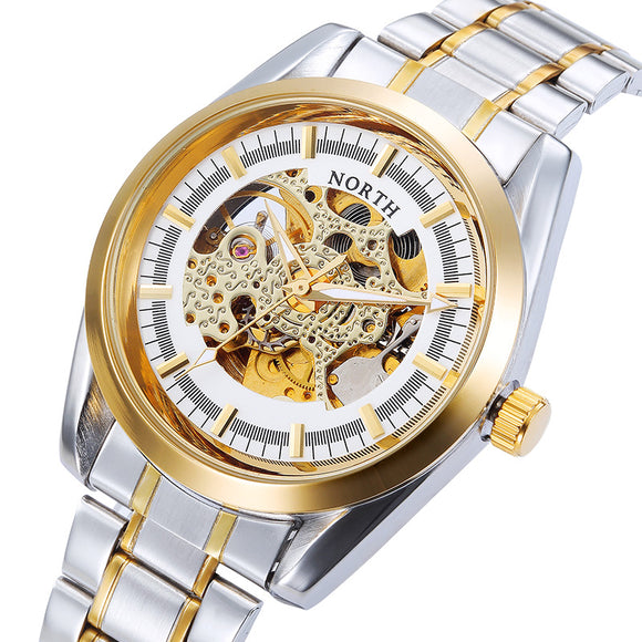 NORTH 1320 Gold Case Hollow Men Wrist Watch Stainless Steel Strap Automatic Mechanical Watch