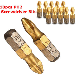 10pcs 25mm Titanium Coated Hex Shank PH2 Magnetic Screwdriver Bit Set