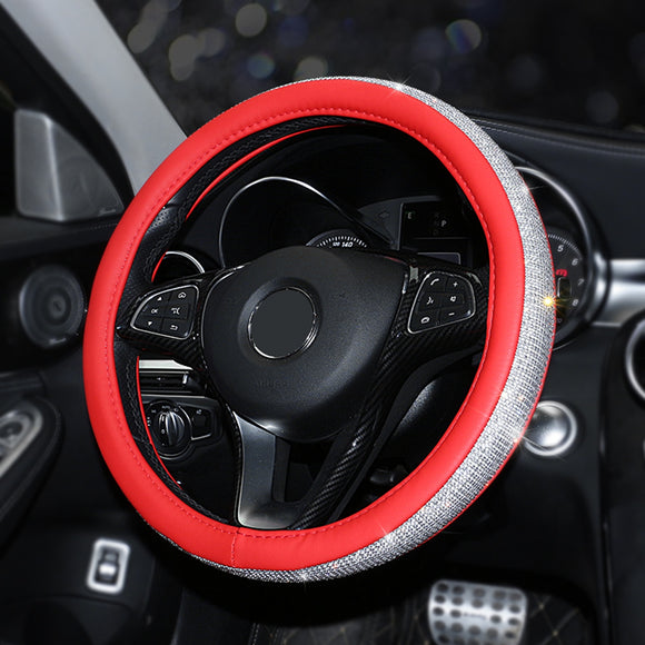 15'' PU Leather Car Steering Wheel Covers With Crystal Rhinestone Universal