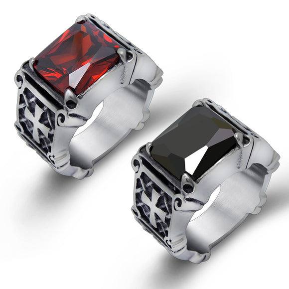 Punk 316L Stainless Steel Cross Trendy Red Black Zirconia Men Ring