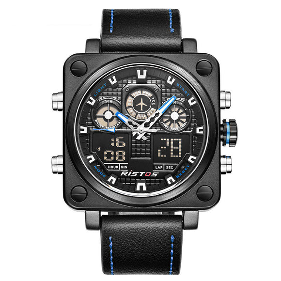 Ristos 9343 Fashionable Watch Chronograph Dual Display Leather Band Digital Watch