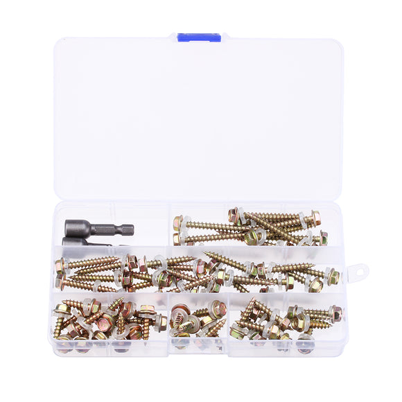 60Pcs M5 Colored Hex Drive Washer Head Screw 19-50mm Self Tapping Wood Bolt w/ 2Pcs Sockets Kit