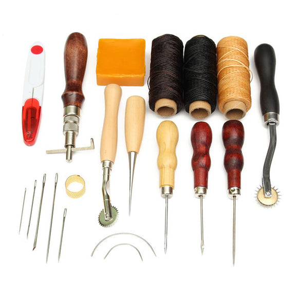 14pcs Wood Handle Leather Craft Tool Kit Leather Hand Sewing Tools Kit Punch Cutter DIY Set