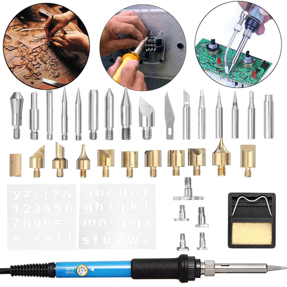 37Pcs 60W Wood Burning Pen Solder Iron Tool Kit Pyrography Craft Tool Woodburning Tips