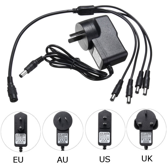 5.5x2.1mm DC 12V 1A Power Supply Adapter for CCTV Security Camera DVR + 4 Split Power Cable