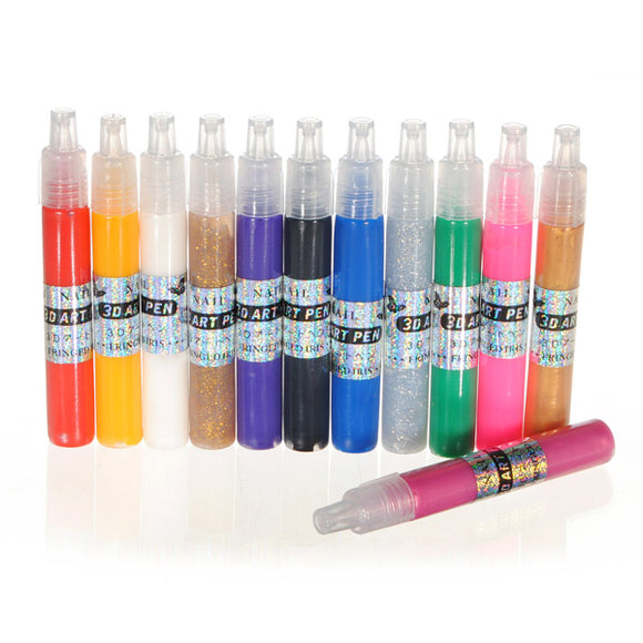 12pcs Colors 3D Nail Art Drawing DIY Varnish Polish Pen Set