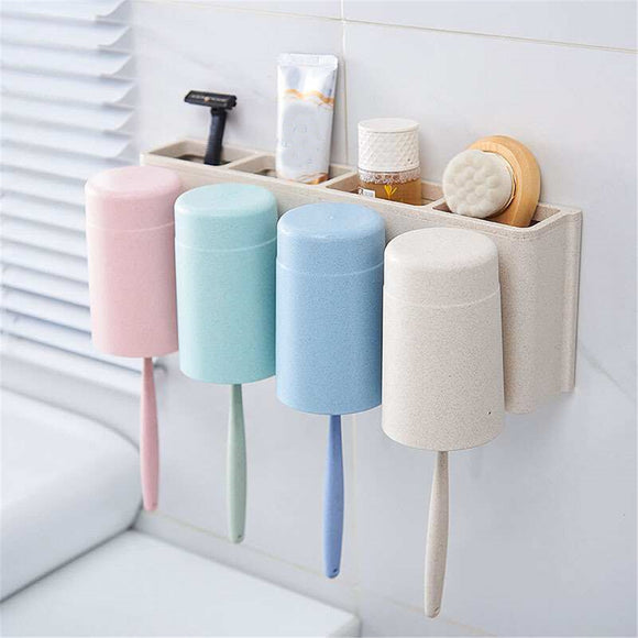 Wheat Straw 6 Toothbrush Holder 2 Cups Suction Stand Home Bathroom Wall Mount