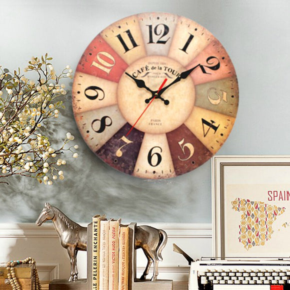 Art Wall Clock Round Wooden Quartz Movement Vintage Rustic Decor