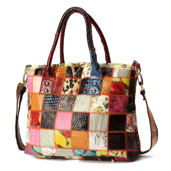 Women Genuine Leather Vintage Tote Handbag Large Capacity Stitching Crossbody Bag