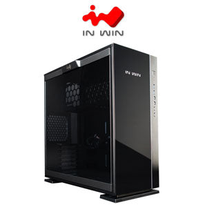 In-Win 305 mid tower chassis - blacK with aluminum finish , tool-less full-sized tempered glass side panel , neon LED logo+i/o panel on fronto panel , 1.2mm SECC , no psu ( rear-top positioned )