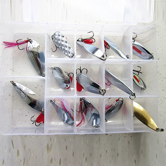 14Pc Fishing Lure Spoon Treble Feather Hook Spinner Bait with Box