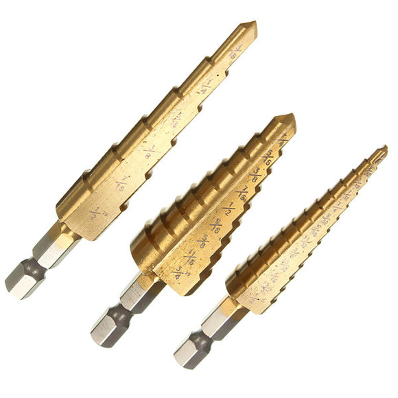 3pcs HSS Step Drills 1/4 Inch Hex Shank Titanium Coated Step Drill Bit Set