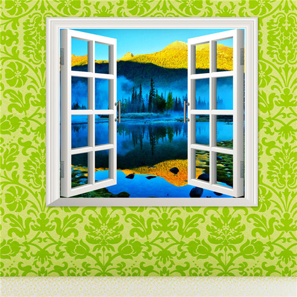 3D Artificial Window Lake View 3D Wall Decals Mountain View Stickers Home Wall Decor Gift